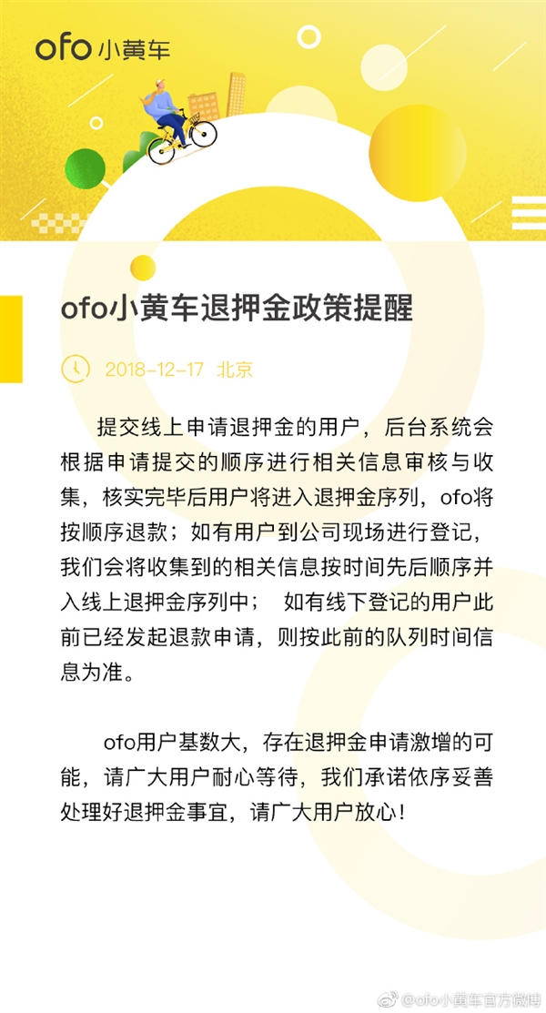 ofo公布退押金政策：线上排队人数已超800万 